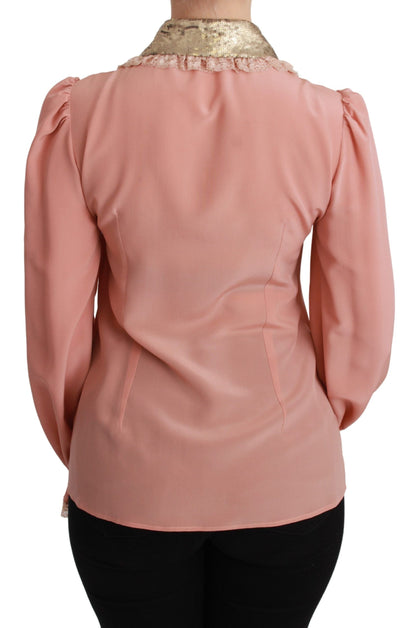 Rosa Seide Gold Pailletten Spitze Bluse Shirt