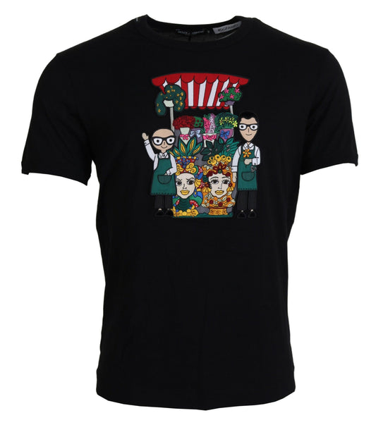 Schwarzes #DGFAMILY Baumwoll-T-Shirt mit kurzen Ärmeln