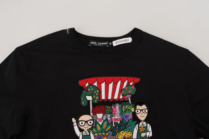 Schwarzes #DGFAMILY Baumwoll-T-Shirt mit kurzen Ärmeln