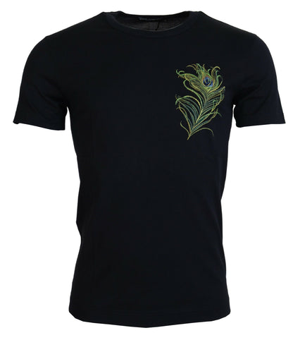 Dunkelblaues T-Shirt mit kurzen Ärmeln aus Baumwolle mit Federn