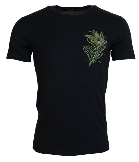 Dunkelblaues T-Shirt mit kurzen Ärmeln aus Baumwolle mit Federn