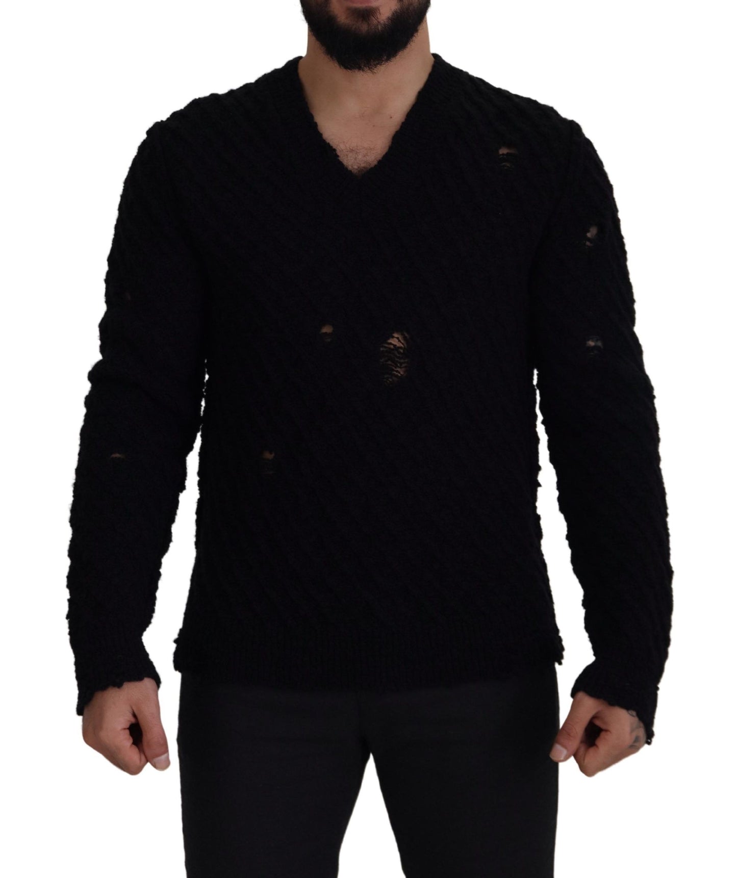 Schwarzer Wollstrickpullover mit V-Ausschnitt für Männer