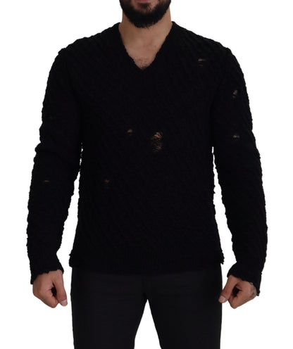 Schwarzer Wollstrickpullover mit V-Ausschnitt für Männer