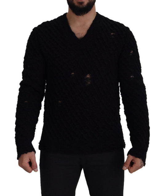 Schwarzer Wollstrickpullover mit V-Ausschnitt für Männer
