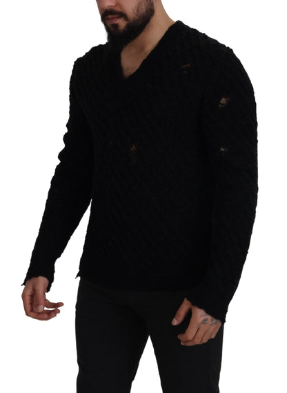 Schwarzer Wollstrickpullover mit V-Ausschnitt für Männer