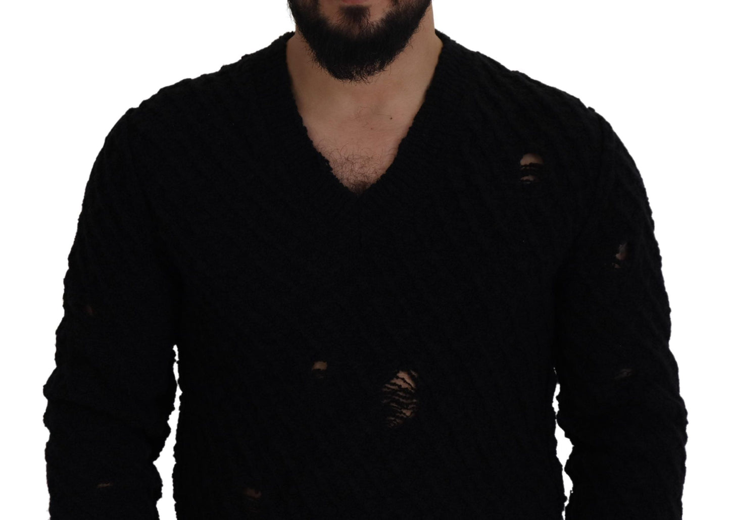 Schwarzer Wollstrickpullover mit V-Ausschnitt für Männer