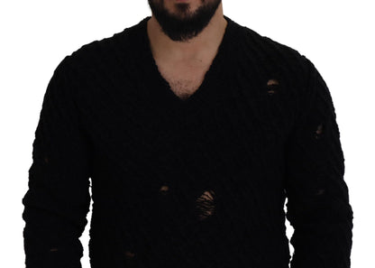 Schwarzer Wollstrickpullover mit V-Ausschnitt für Männer