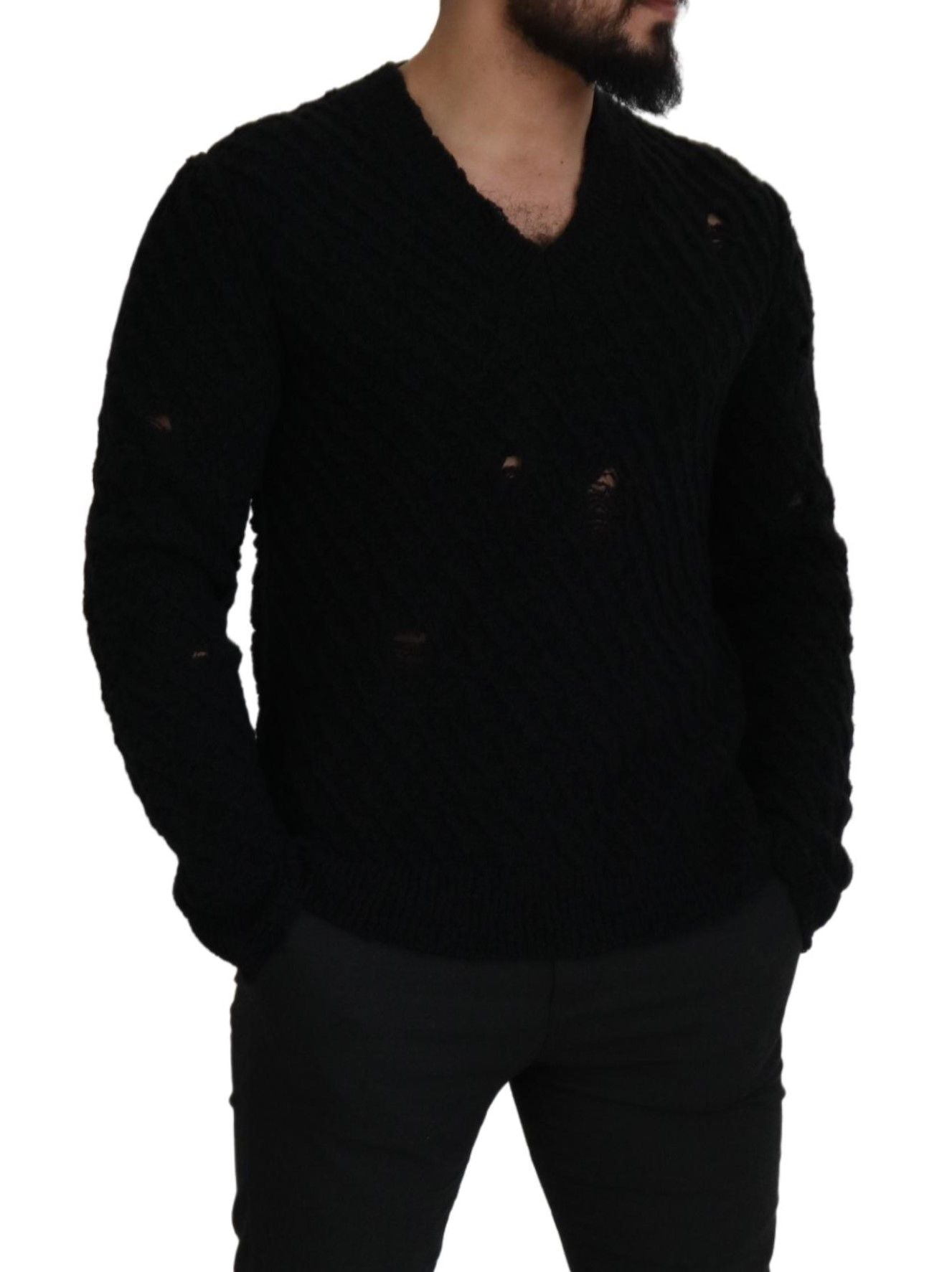 Schwarzer Wollstrickpullover mit V-Ausschnitt für Männer