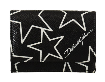 Schwarzer Sternendruck Leder Trifold French Flap Wallet