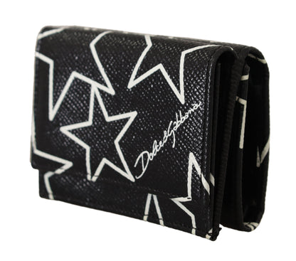 Schwarzer Sternendruck Leder Trifold French Flap Wallet