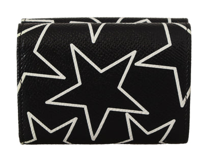 Schwarzer Sternendruck Leder Trifold French Flap Wallet