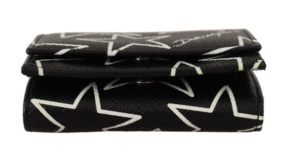 Schwarzer Sternendruck Leder Trifold French Flap Wallet