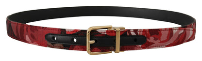 Roter Jacquard-Rosenledergürtel mit goldener Metallschnalle
