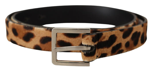 Brauner Kalbsfell-Leopardenprint-Skinny-Logo-Schnallengürtel