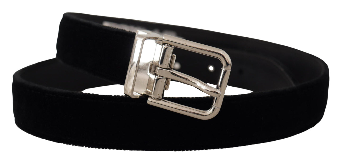 Schwarzer Samt Silberton Metall Logo Schnalle Gürtel