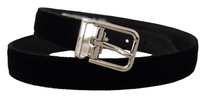 Schwarzer Samt Silberton Metall Logo Schnalle Gürtel