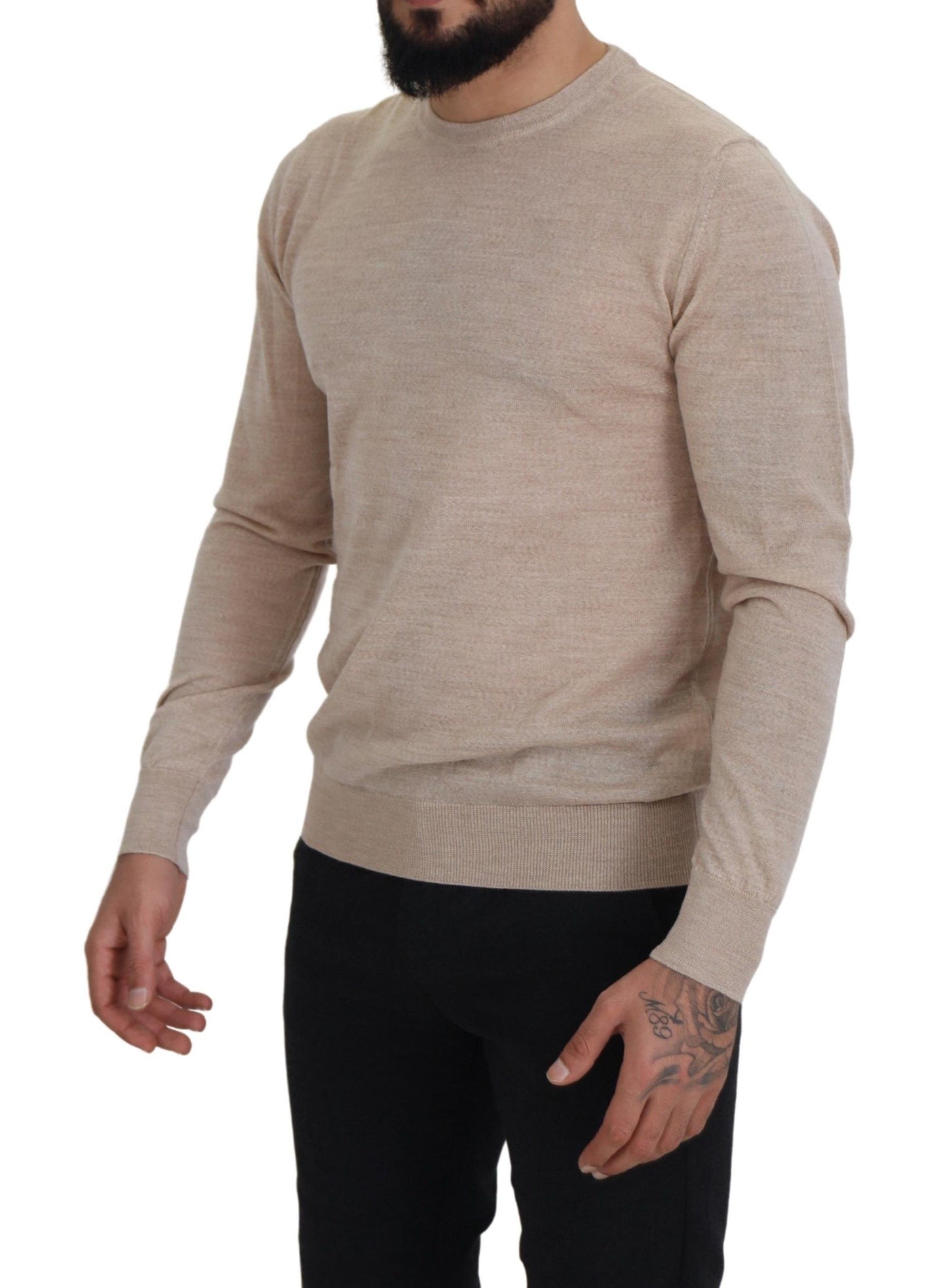 Beige Schurwolle Rundhalsausschnitt Pullover