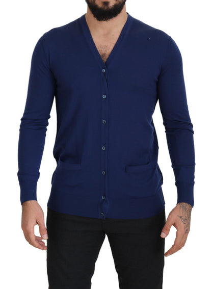 Blaue Wollstrickjacke mit V-Ausschnitt und Knopfleiste