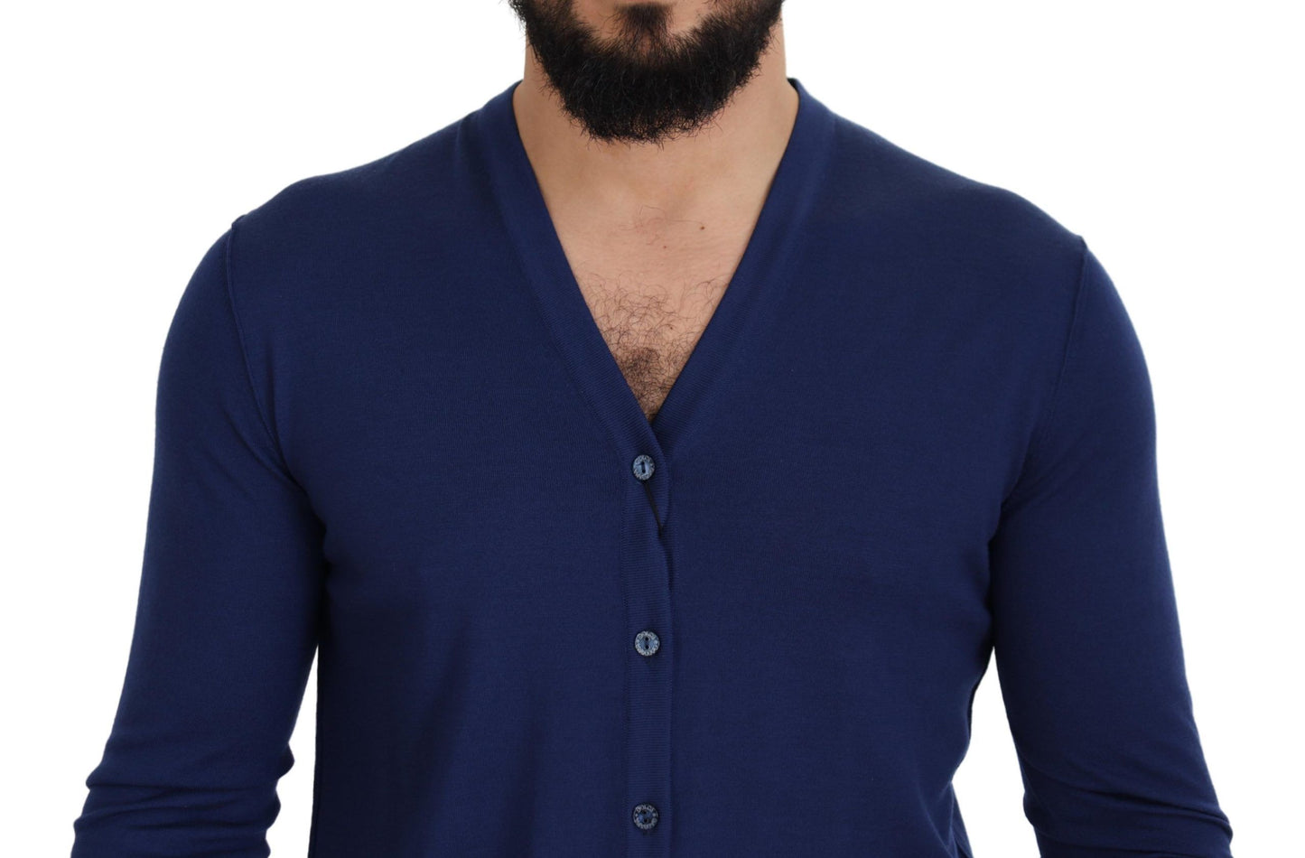 Blaue Wollstrickjacke mit V-Ausschnitt und Knopfleiste