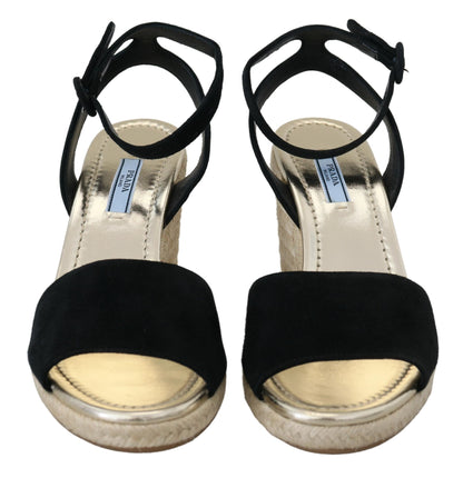 Schwarze Wedges Sandalen Knöchelriemen Wildleder Schuhe