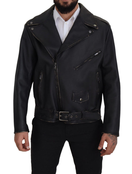 Schwarzer Leder Bikermantel Zipper Jacke
