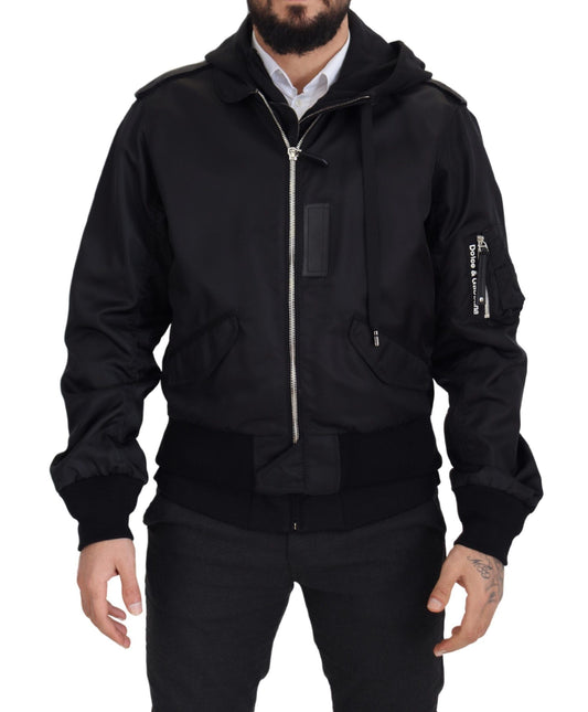 Schwarzes Nylon mit Kapuze und durchgehendem Reißverschluss Männer Mantel Jacke