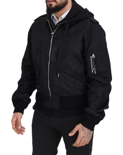 Schwarzes Nylon mit Kapuze und durchgehendem Reißverschluss Männer Mantel Jacke