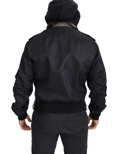 Schwarzes Nylon mit Kapuze und durchgehendem Reißverschluss Männer Mantel Jacke