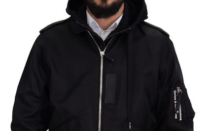 Schwarzes Nylon mit Kapuze und durchgehendem Reißverschluss Männer Mantel Jacke