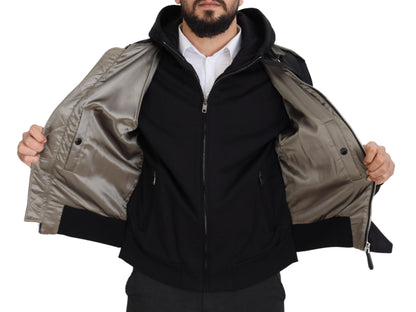 Schwarzes Nylon mit Kapuze und durchgehendem Reißverschluss Männer Mantel Jacke