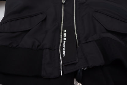 Schwarzes Nylon mit Kapuze und durchgehendem Reißverschluss Männer Mantel Jacke