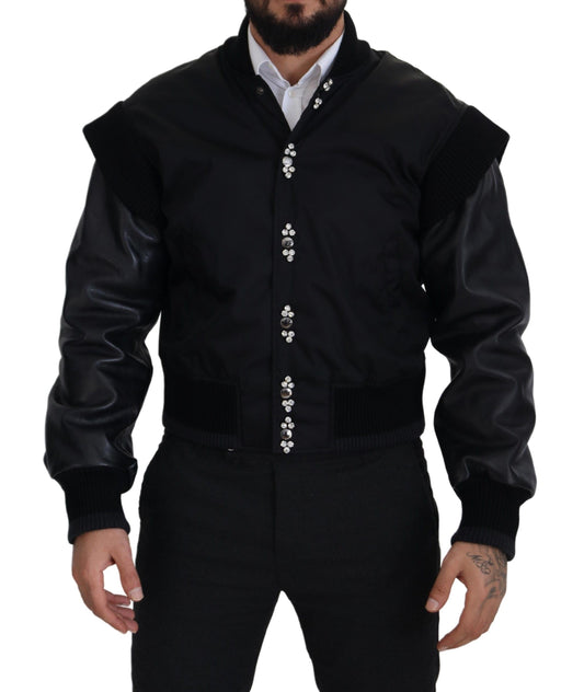 Schwarzes Nylon Kristalle Mantel Knöpfe Jacke