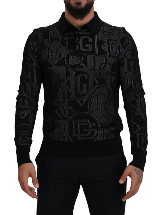 Schwarzer Seidenpullover mit Logo-Kragen