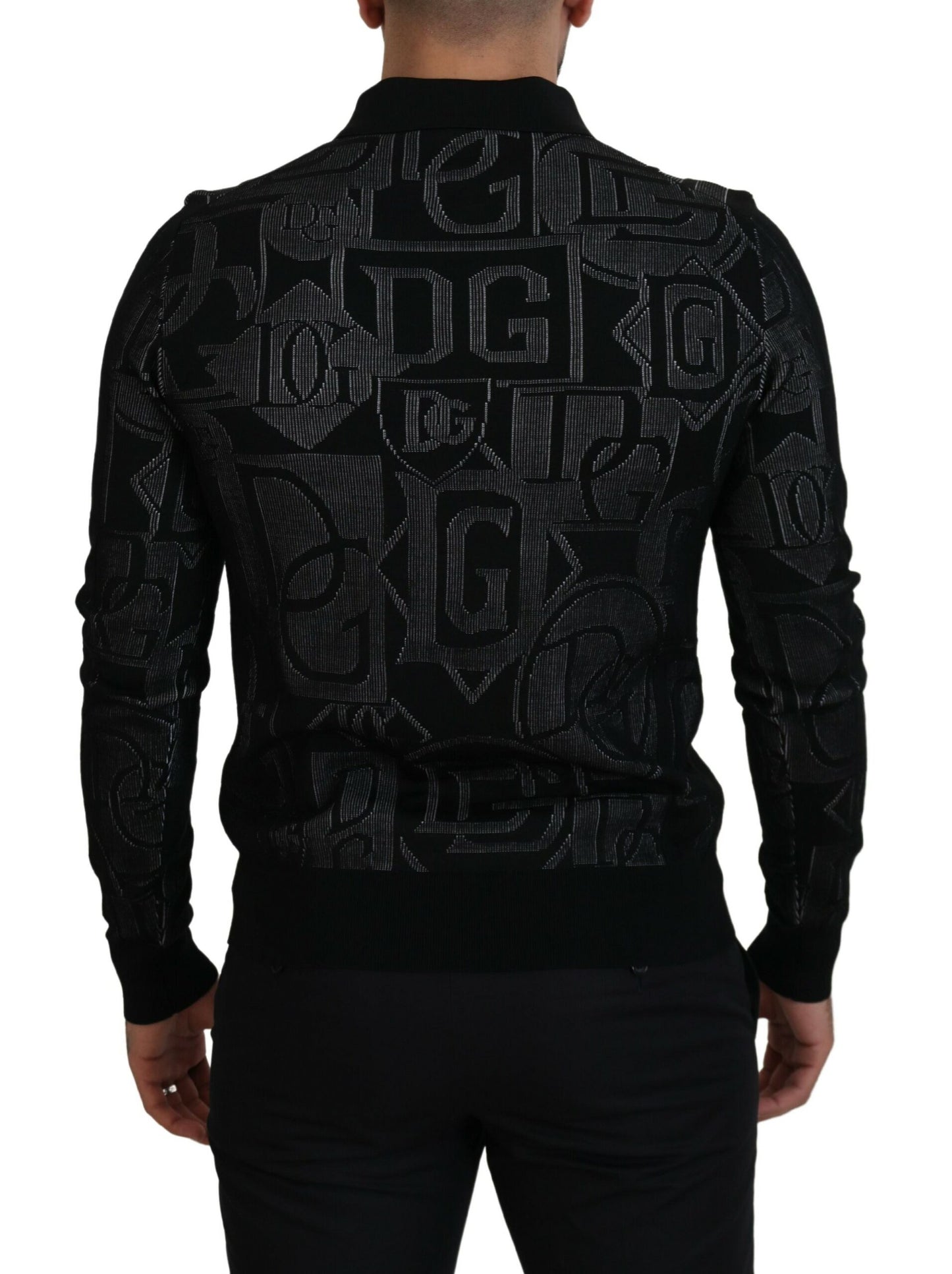 Schwarzer Seidenpullover mit Logo-Kragen