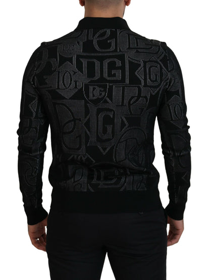 Schwarzer Seidenpullover mit Logo-Kragen