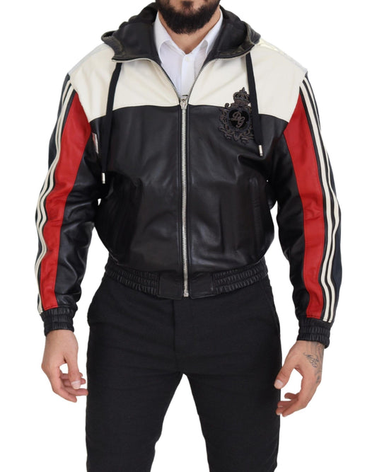 Schwarzer Leder Blousonmantel mit Kapuze Jacke