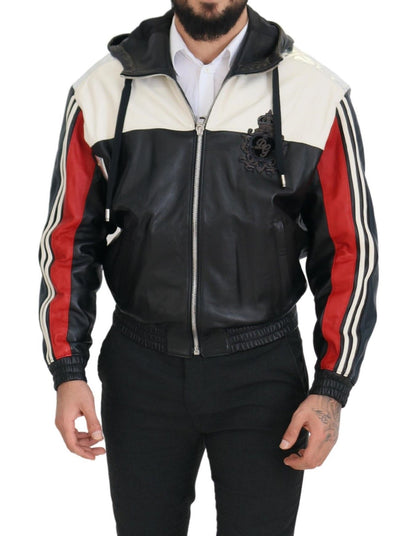 Schwarzer Leder Blousonmantel mit Kapuze Jacke