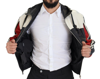 Schwarzer Leder Blousonmantel mit Kapuze Jacke