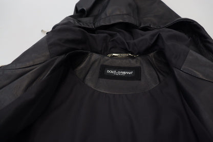 Schwarzer Leder Blousonmantel mit Kapuze Jacke