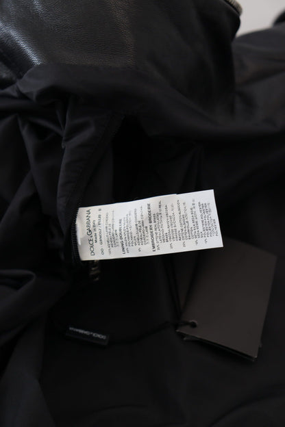 Schwarzer Leder Blousonmantel mit Kapuze Jacke