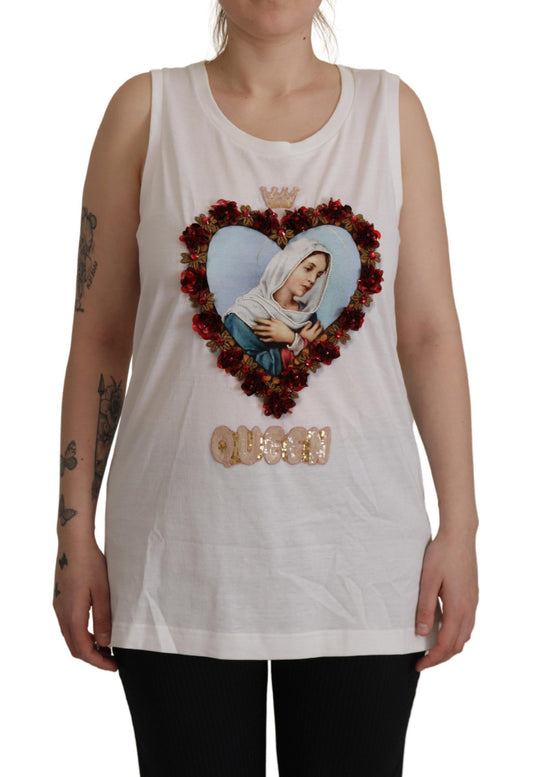 Weißes T-Shirt mit gesticktem Druck und Verzierungen