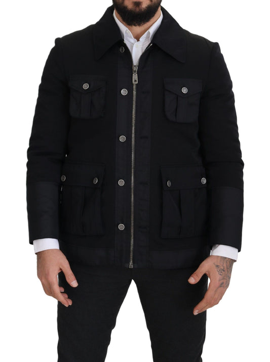 Schwarze Jacke mit durchgehendem Reißverschluss und Kragen aus Wolle