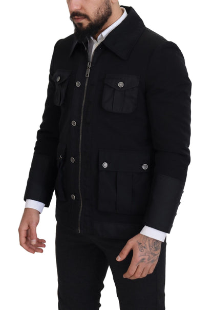 Schwarze Jacke mit durchgehendem Reißverschluss und Kragen aus Wolle
