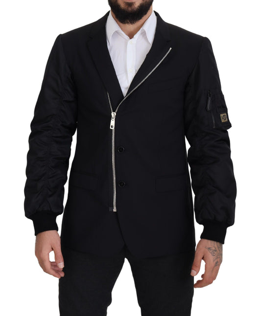 Schwarze Jacke mit langen Ärmeln und durchgehendem Reißverschluss aus Wolle