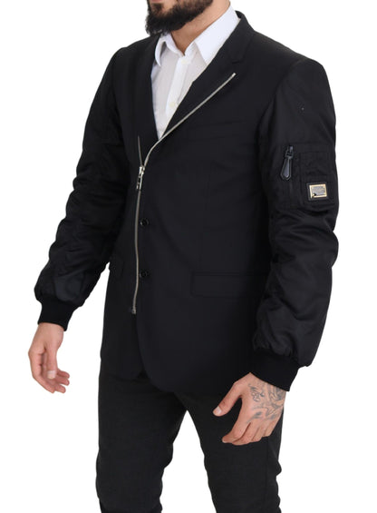Schwarze Jacke mit langen Ärmeln und durchgehendem Reißverschluss aus Wolle