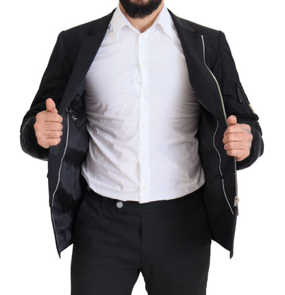 Schwarze Jacke mit langen Ärmeln und durchgehendem Reißverschluss aus Wolle