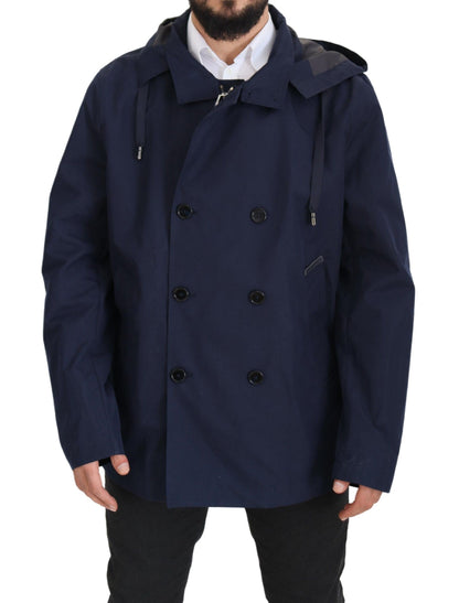 Blauer doppelreihiger Mantel mit Kapuze Jacke