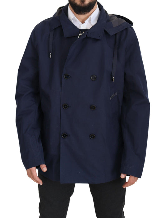 Blauer doppelreihiger Mantel mit Kapuze Jacke