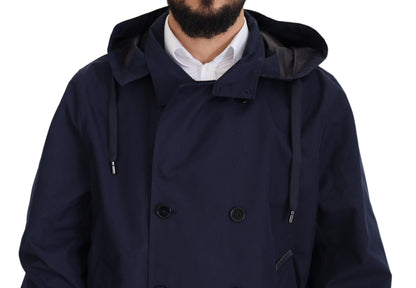 Blauer doppelreihiger Mantel mit Kapuze Jacke