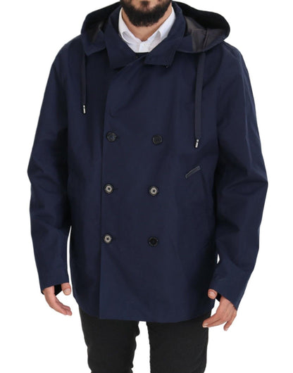 Blauer doppelreihiger Mantel mit Kapuze Jacke